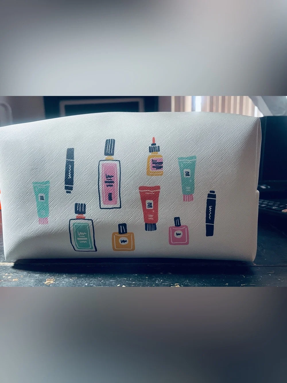 White Cosmetic Pouch with Colorful Beauty Print